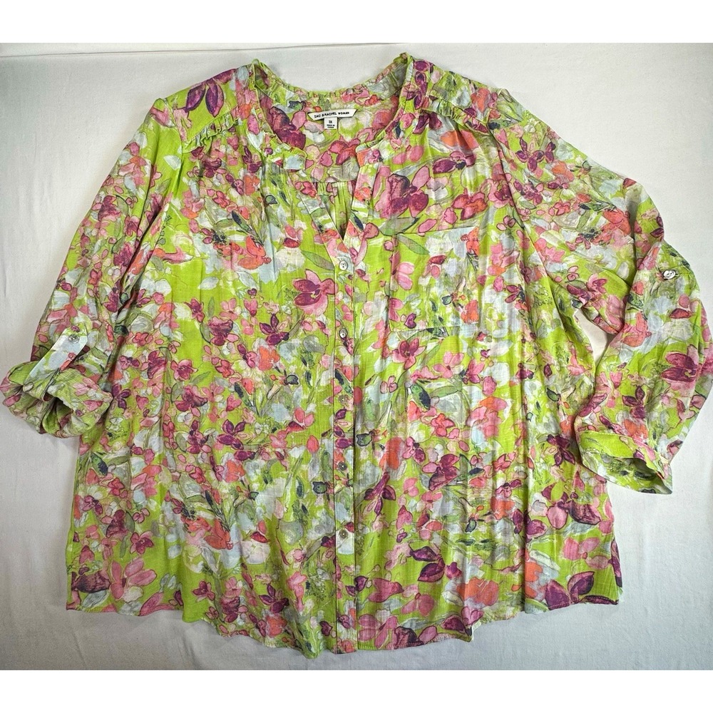 Zac & Rachel Woman Green Floral Woven Button Front 3/4 Sleeve Blouse, 3X